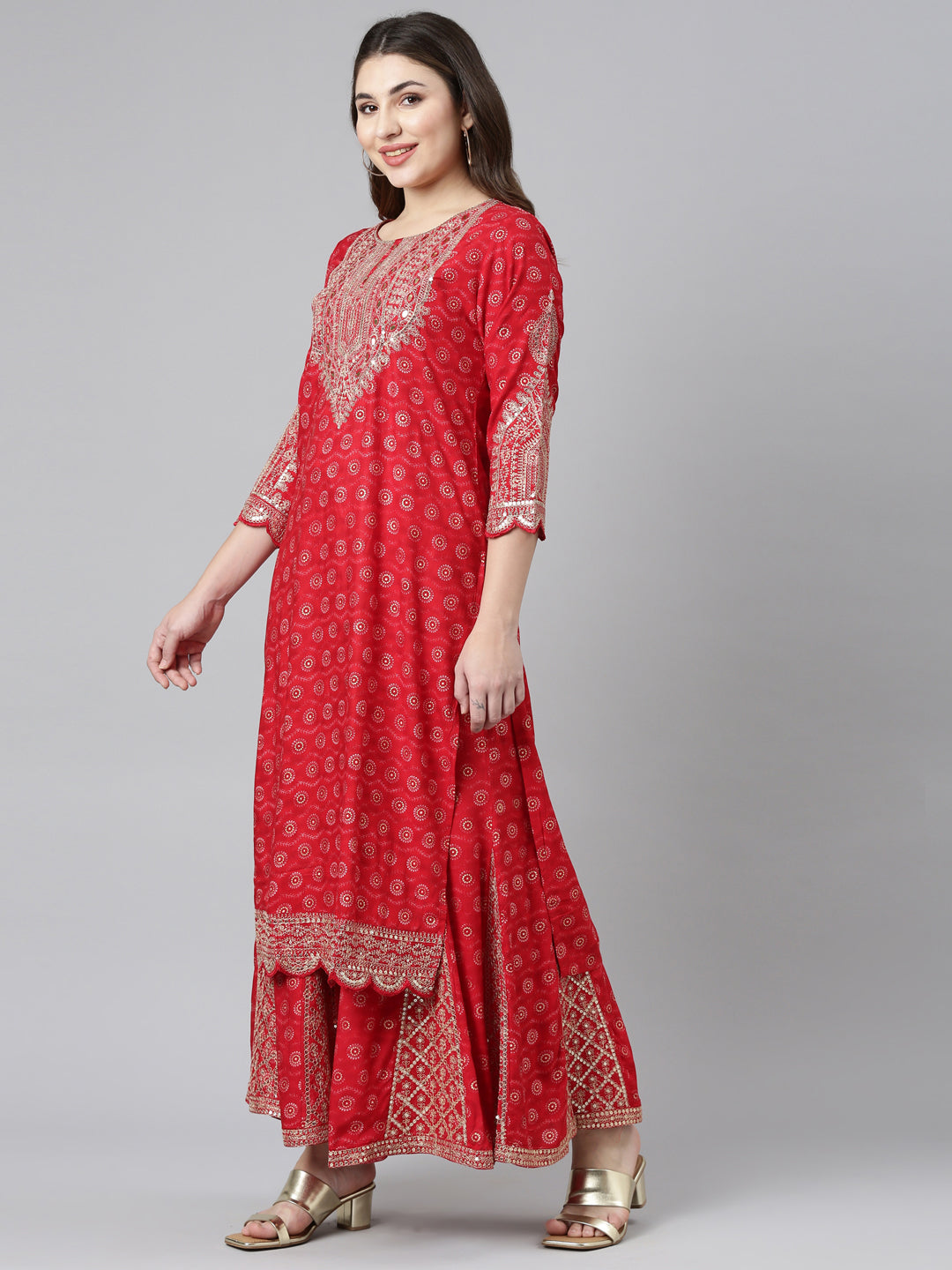 Neeru's Red Regular Straight Printed Kurta And Sharara With Dupatta