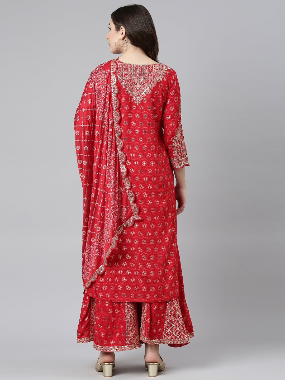 Neeru's Red Regular Straight Printed Kurta And Sharara With Dupatta