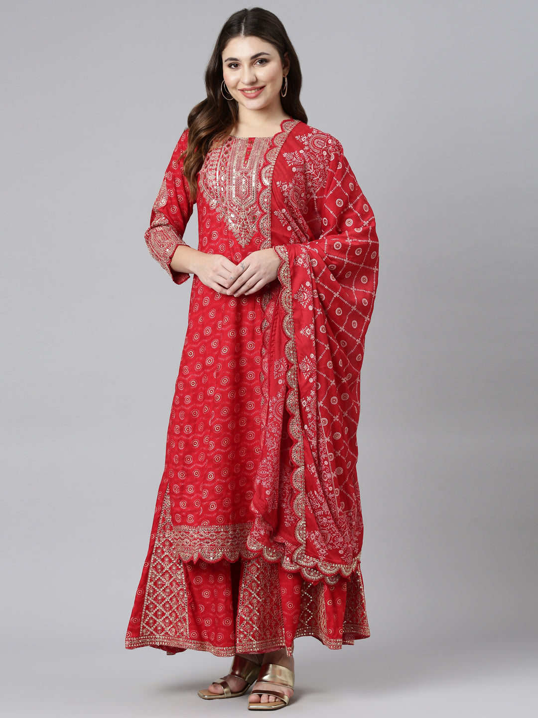 Neeru's Red Regular Straight Printed Kurta And Sharara With Dupatta