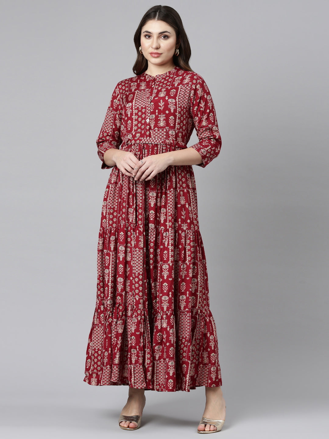 Neeru's Maroon Flared Casual Printed Gown