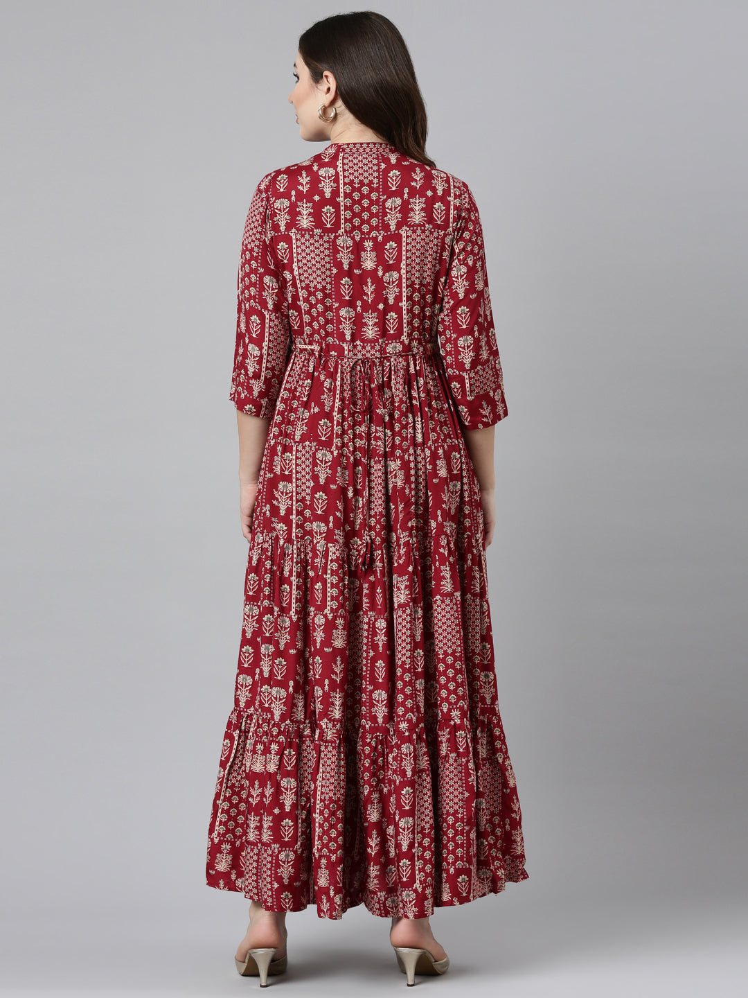 Neeru's Maroon Flared Casual Printed Gown