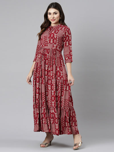 Neeru's Maroon Flared Casual Printed Gown