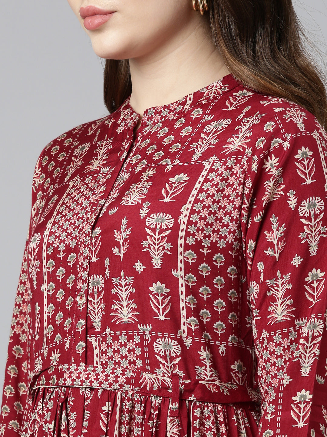 Neeru's Maroon Flared Casual Printed Gown