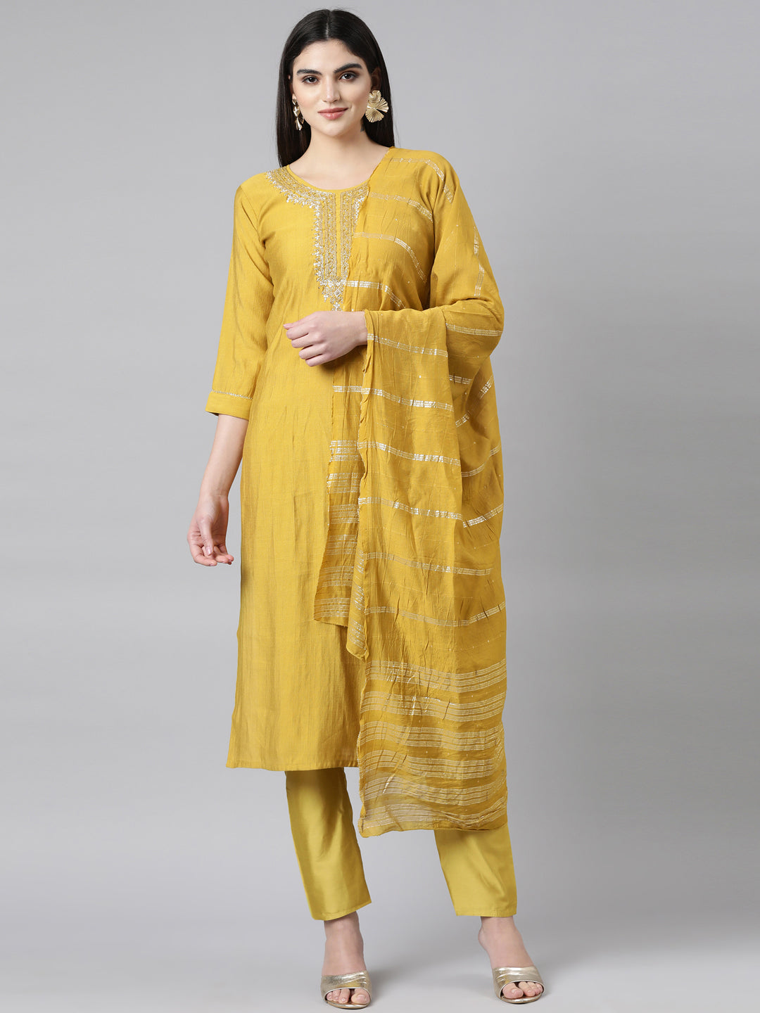 Neerus Mustard Regular Straight Solid Kurta And Trousers With Dupatta