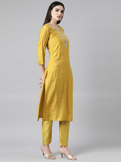 Neerus Mustard Regular Straight Solid Kurta And Trousers With Dupatta