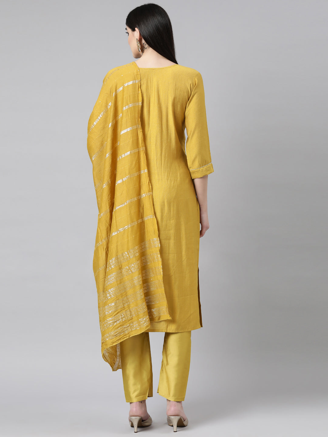 Neerus Mustard Regular Straight Solid Kurta And Trousers With Dupatta