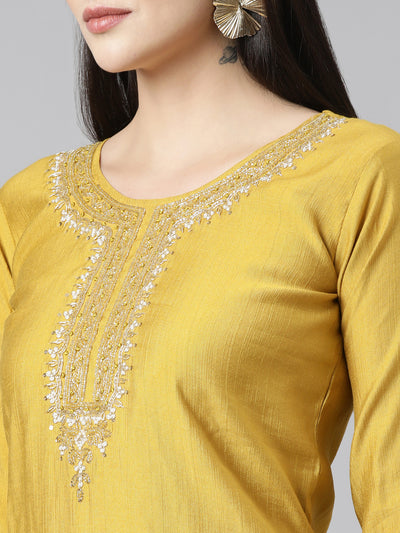 Neerus Mustard Regular Straight Solid Kurta And Trousers With Dupatta