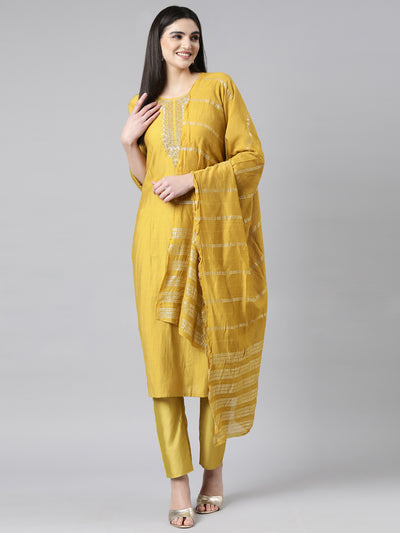 Neerus Mustard Regular Straight Solid Kurta And Trousers With Dupatta