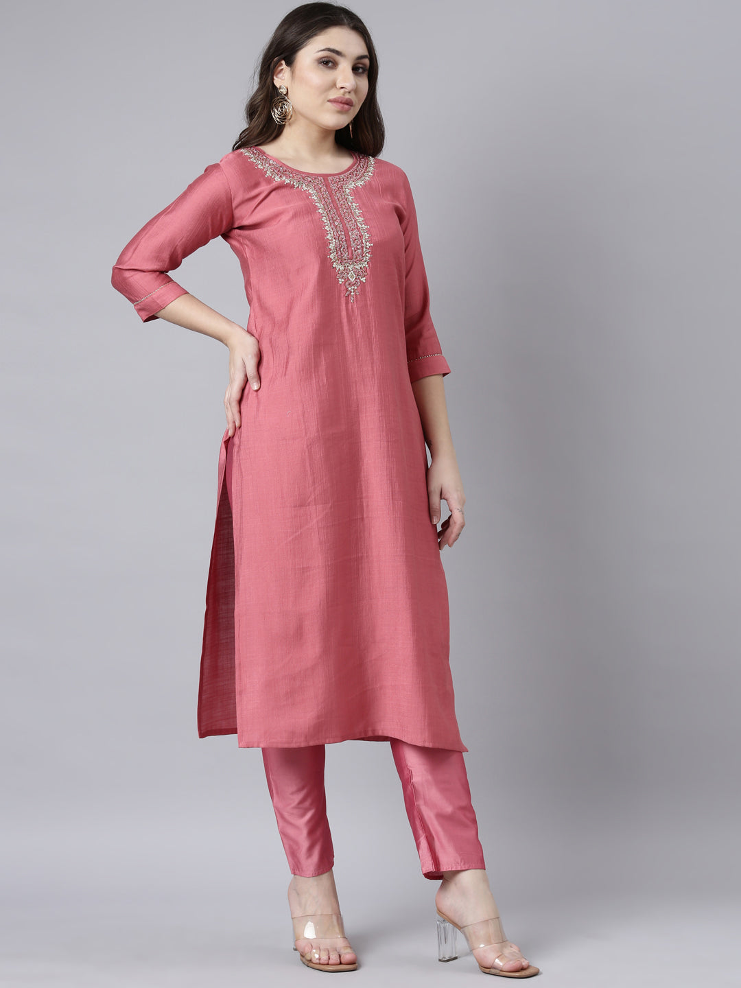 Neerus Pink Regular Straight Solid Kurta And Trousers With Dupatta