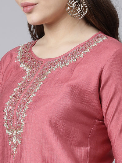 Neerus Pink Regular Straight Solid Kurta And Trousers With Dupatta