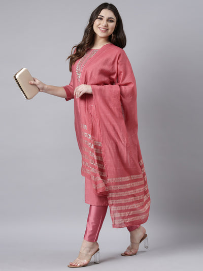 Neerus Pink Regular Straight Solid Kurta And Trousers With Dupatta