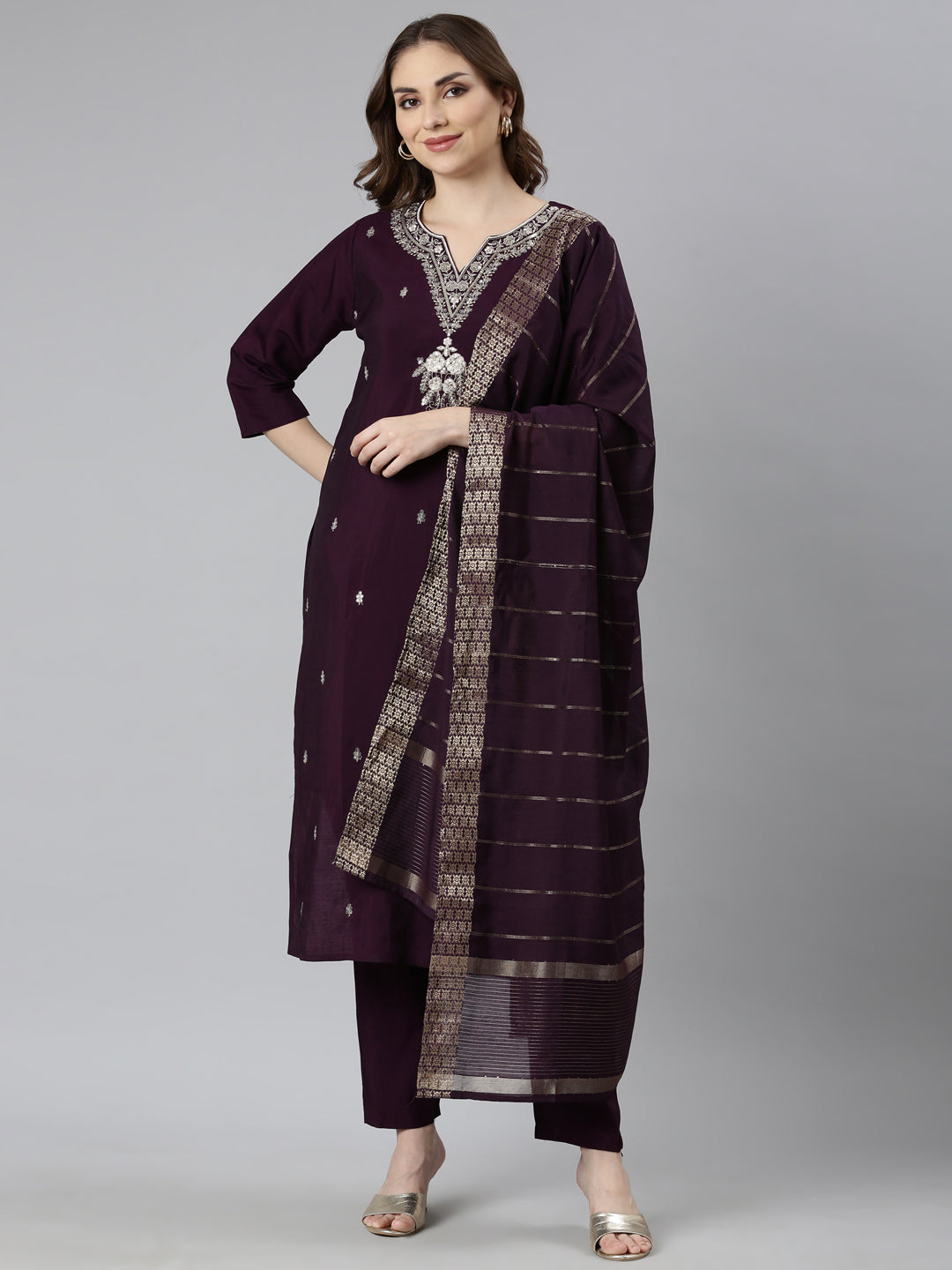 Neerus Purple Regular Straight Floral Kurta And  Trousers With Dupatta