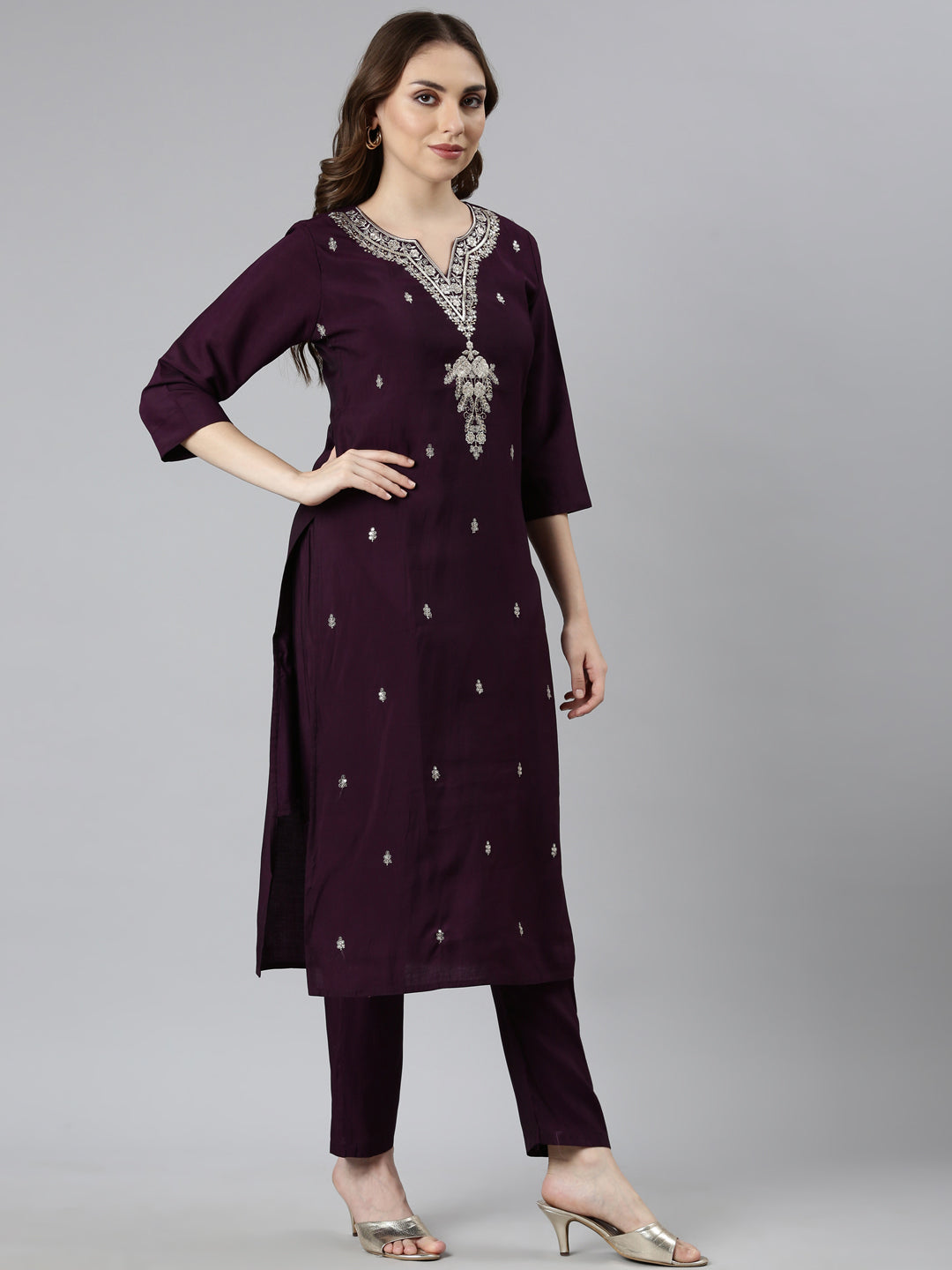 Neerus Purple Regular Straight Floral Kurta And  Trousers With Dupatta