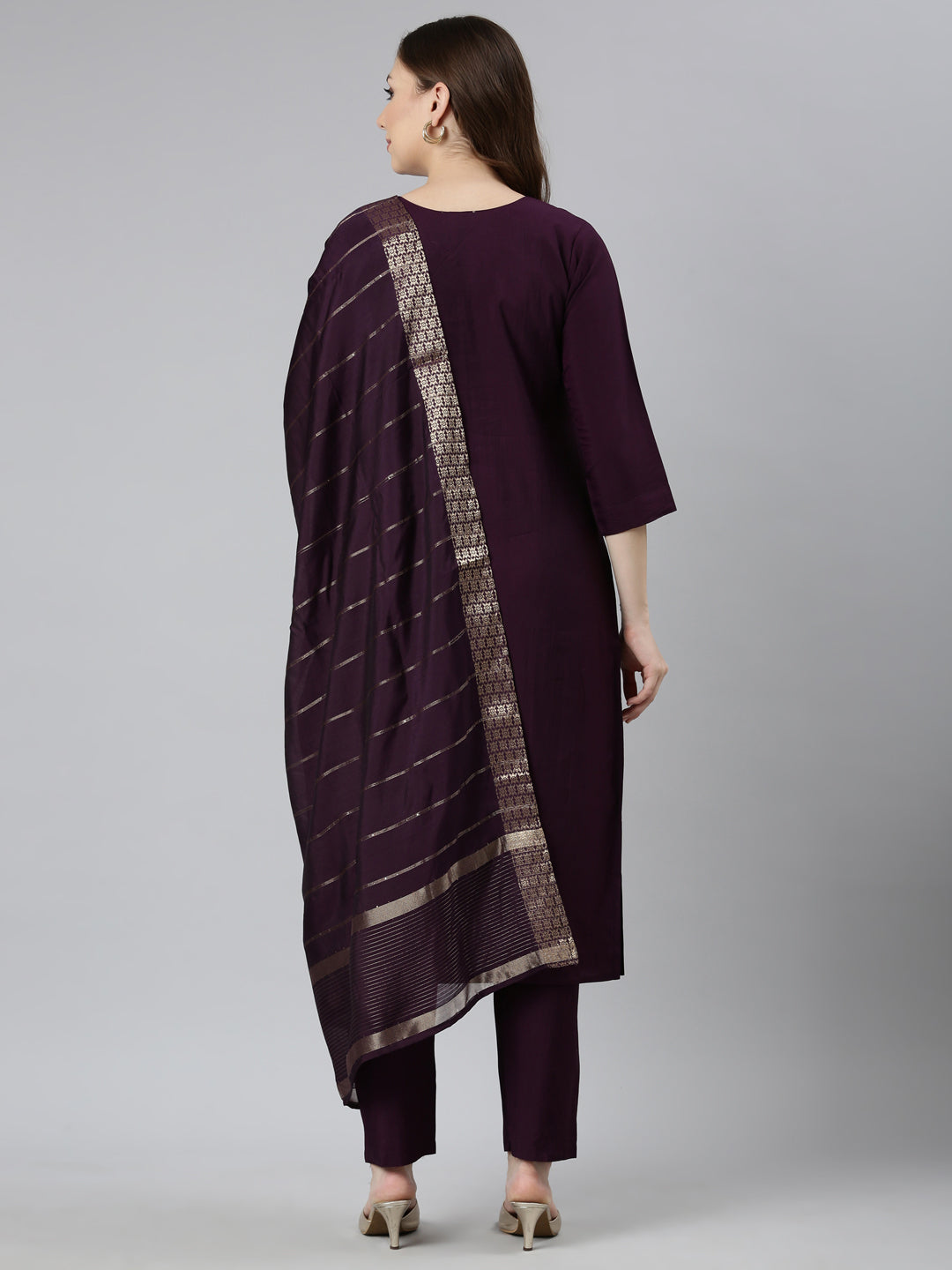 Neerus Purple Regular Straight Floral Kurta And  Trousers With Dupatta