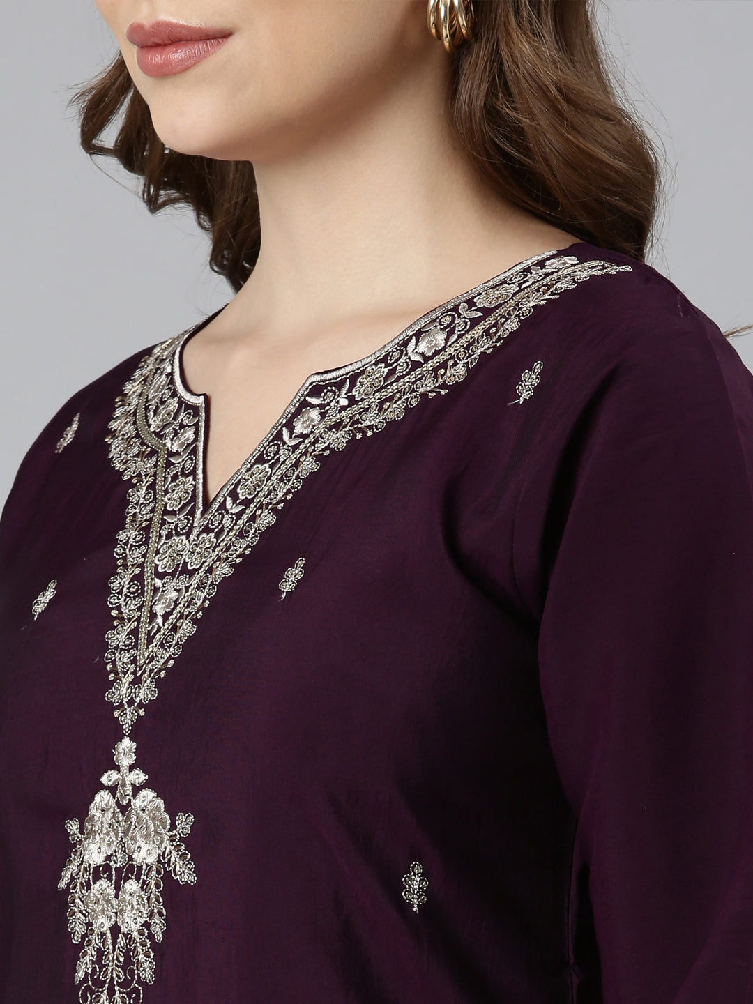 Neerus Purple Regular Straight Floral Kurta And  Trousers With Dupatta