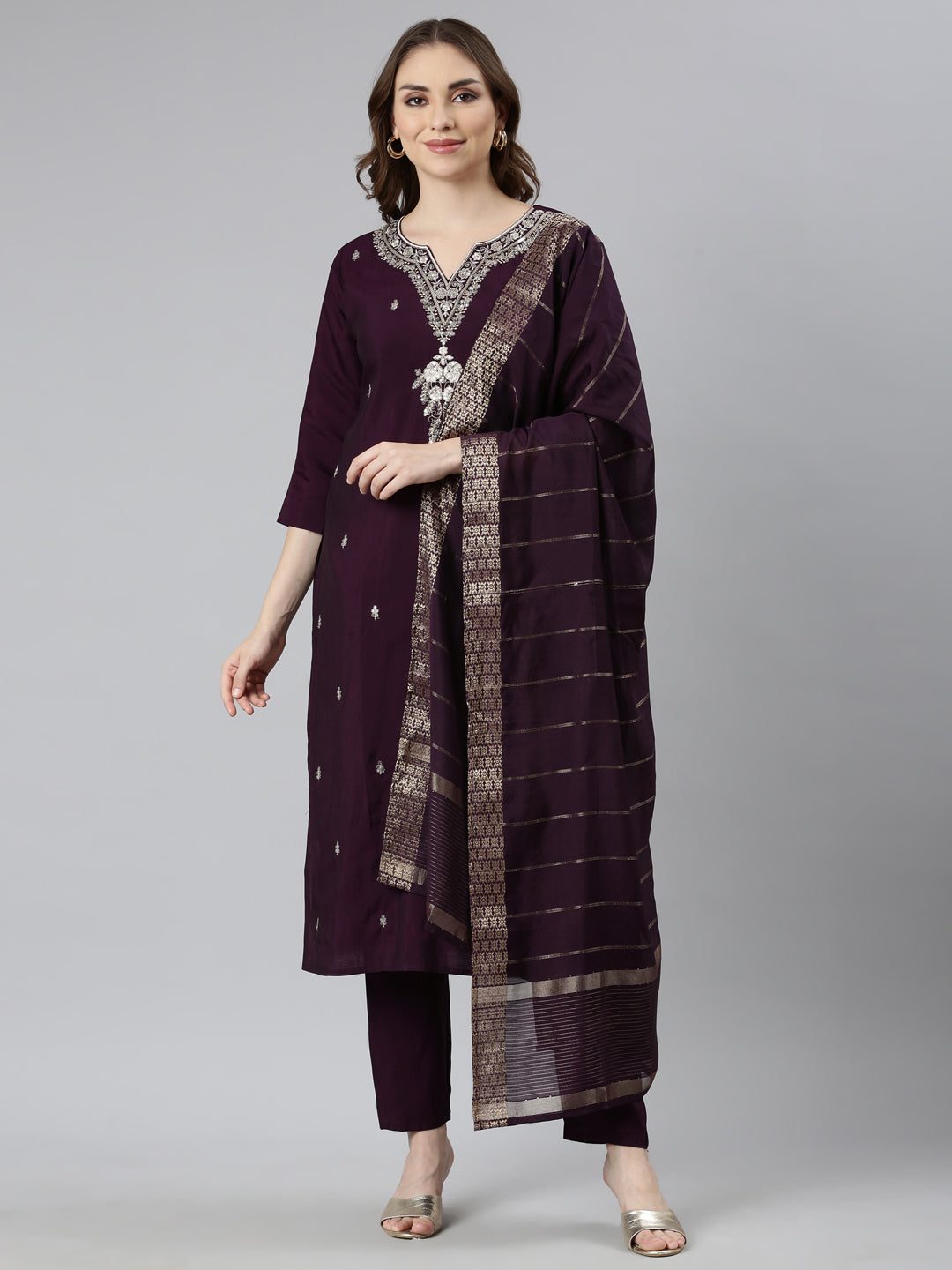 Neerus Purple Regular Straight Floral Kurta And  Trousers With Dupatta