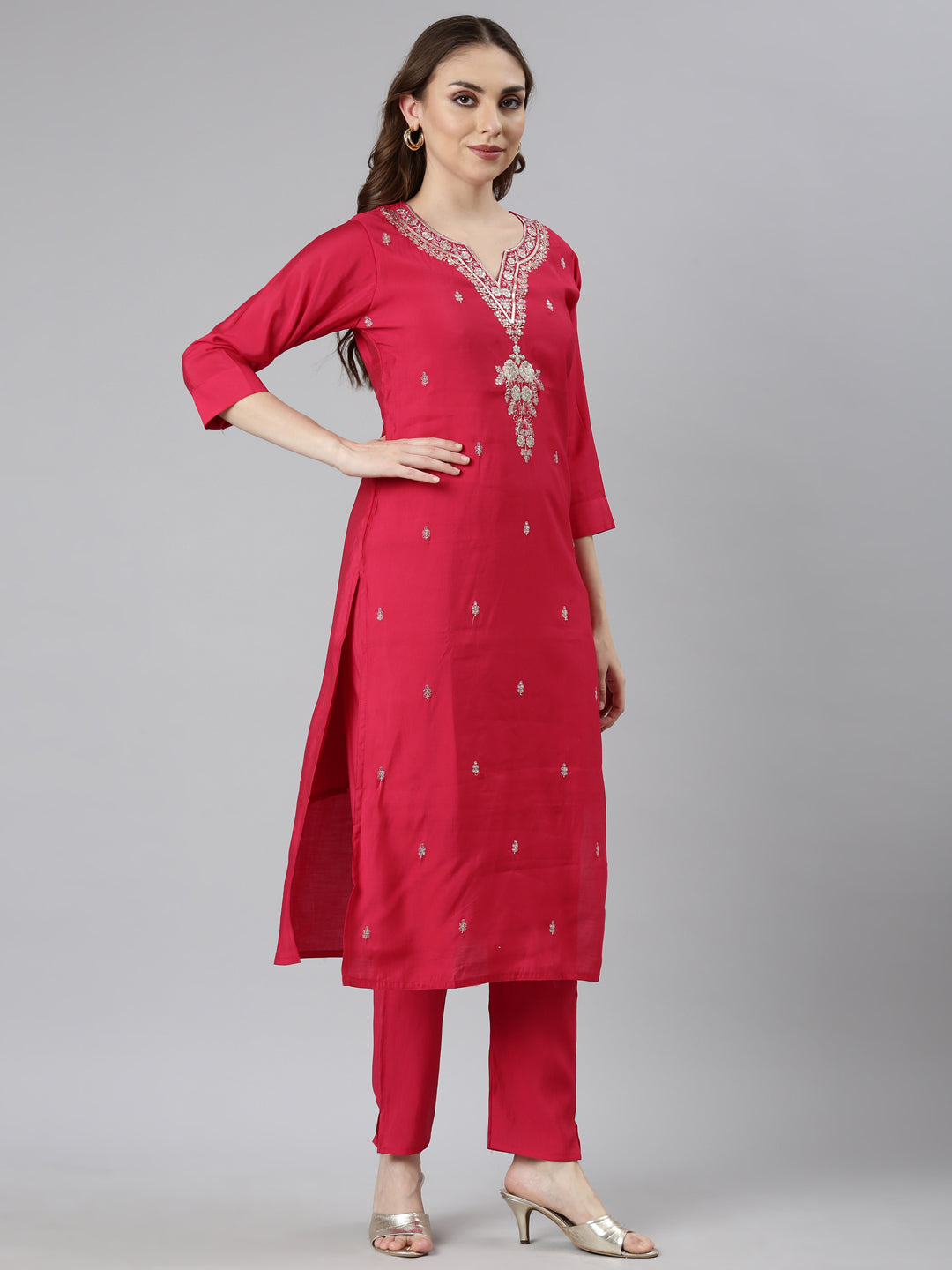 Neerus Pink Regular Straight Floral Kurta And  Trousers With Dupatta