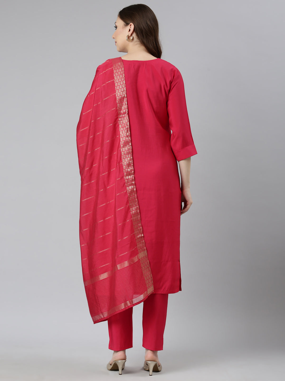 Neerus Pink Regular Straight Floral Kurta And  Trousers With Dupatta