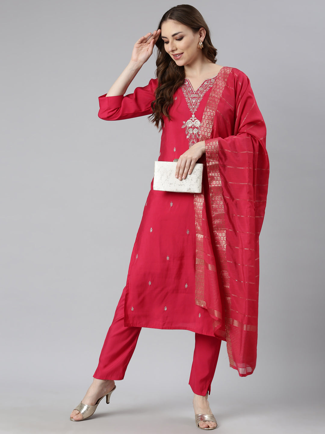 Neerus Pink Regular Straight Floral Kurta And  Trousers With Dupatta