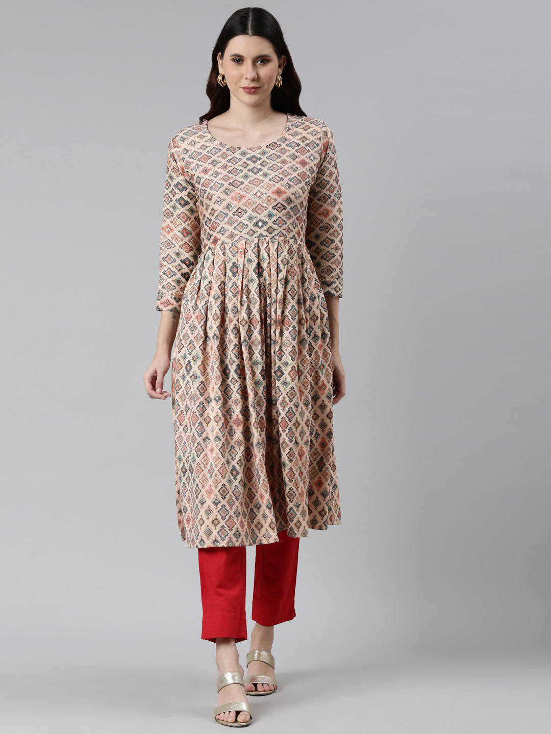 Neeru's Peach Color Rayon Fabric Printed Kurta