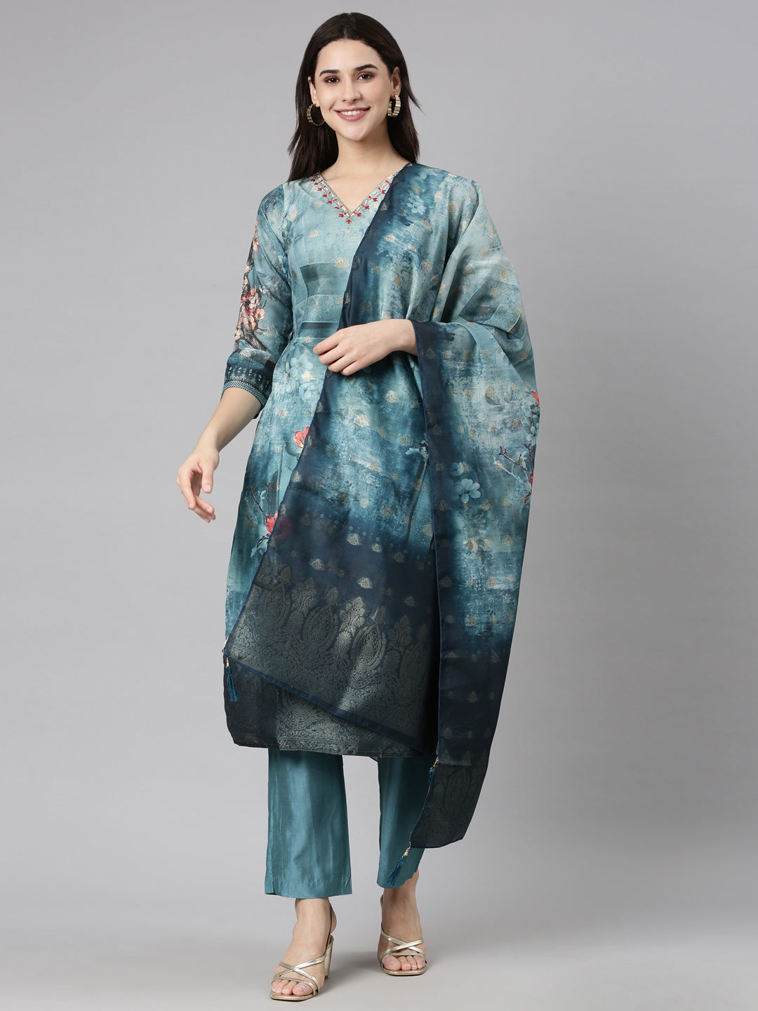 Neerus Green Regular Straight Floral Kurta And  Trousers With Dupatta