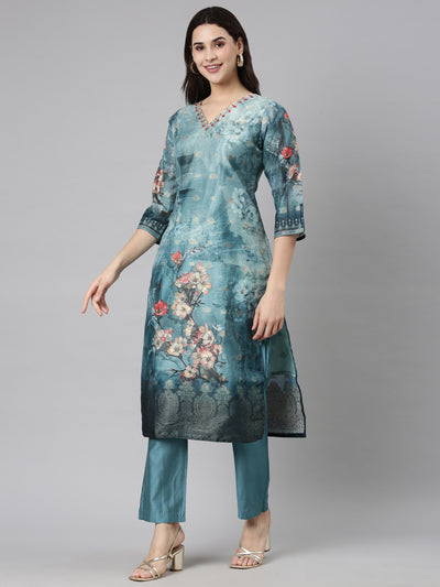 Neerus Green Regular Straight Floral Kurta And  Trousers With Dupatta