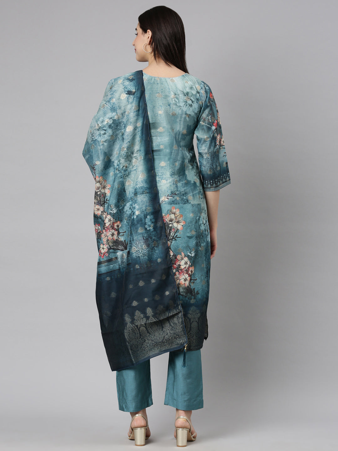 Neerus Green Regular Straight Floral Kurta And  Trousers With Dupatta