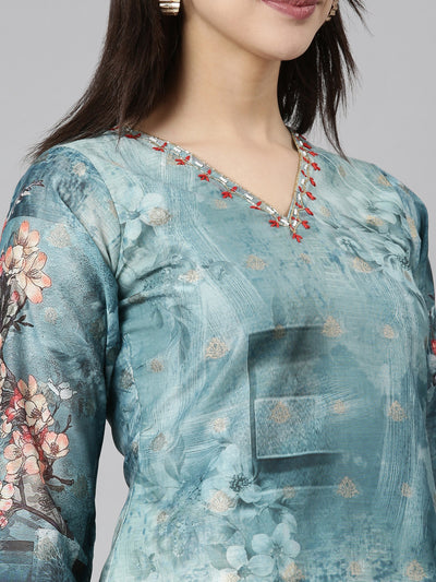 Neerus Green Regular Straight Floral Kurta And  Trousers With Dupatta