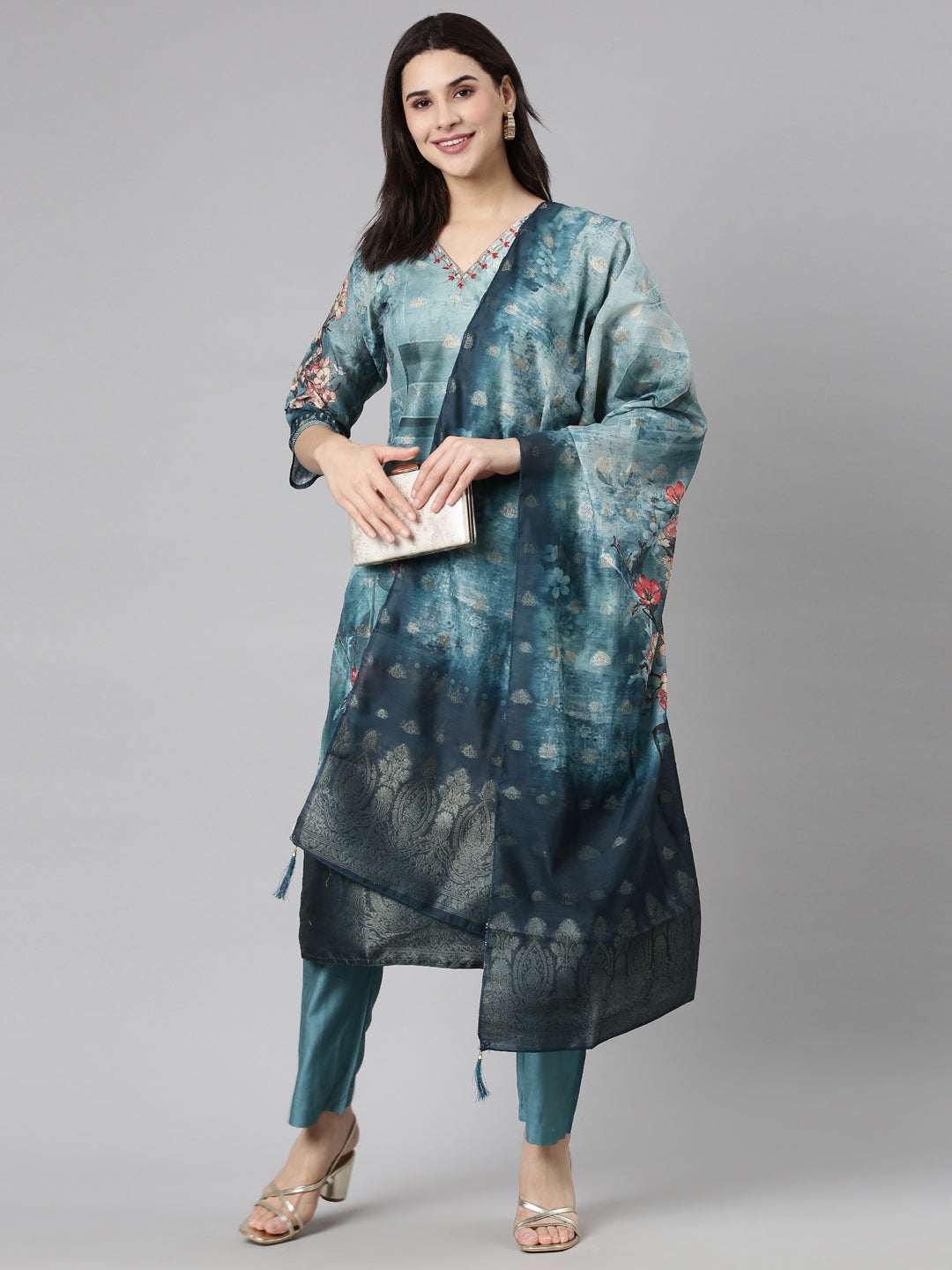 Neerus Green Regular Straight Floral Kurta And  Trousers With Dupatta