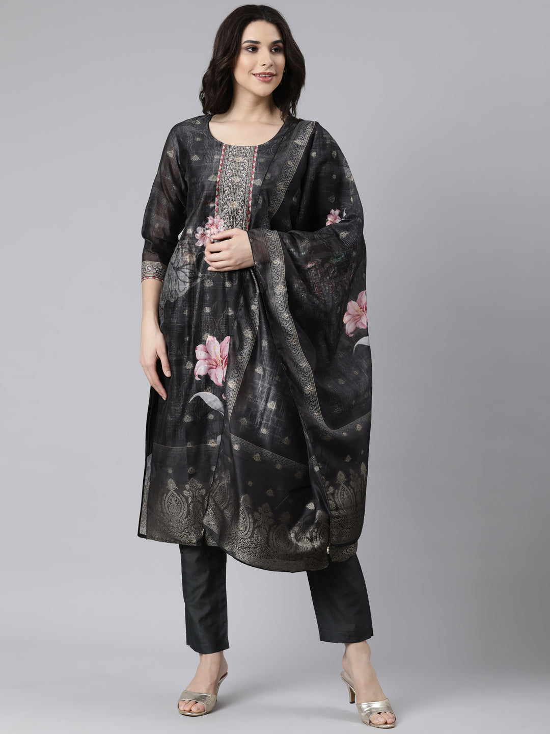 Neerus Black Regular Straight Floral Kurta And  Trousers With Dupatta