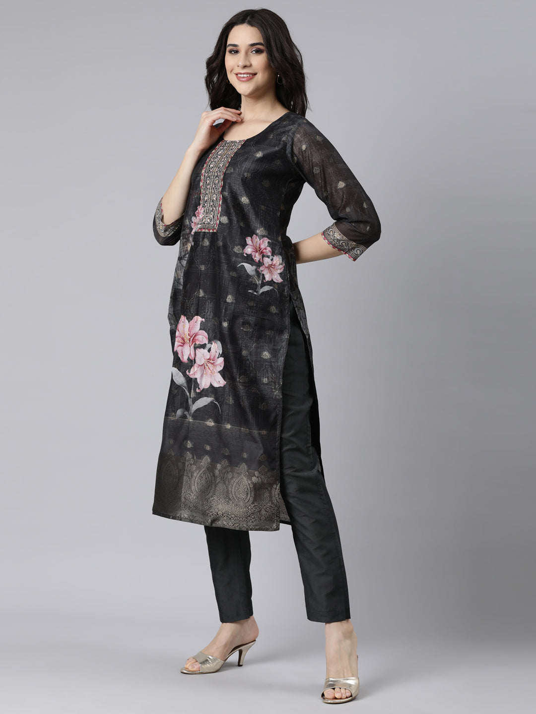 Neerus Black Regular Straight Floral Kurta And  Trousers With Dupatta