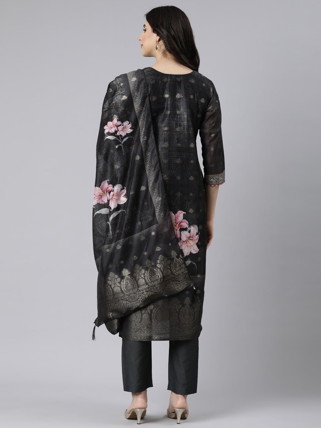 Neerus Black Regular Straight Floral Kurta And  Trousers With Dupatta