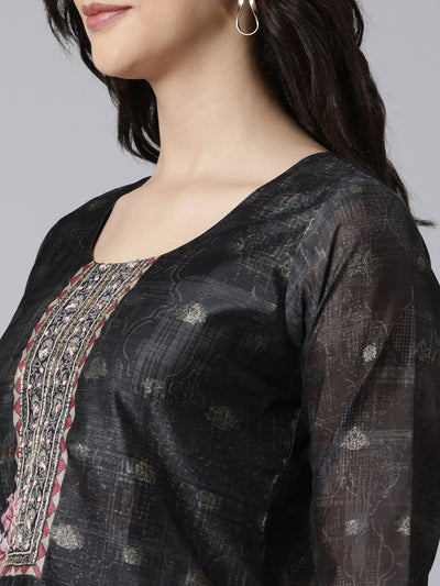 Neerus Black Regular Straight Floral Kurta And  Trousers With Dupatta