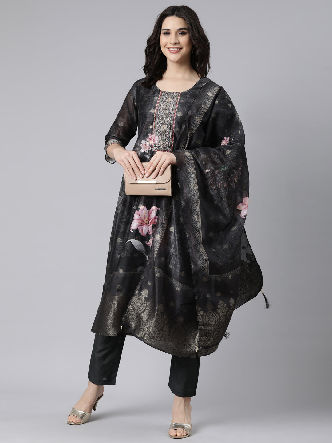 Neerus Black Regular Straight Floral Kurta And  Trousers With Dupatta