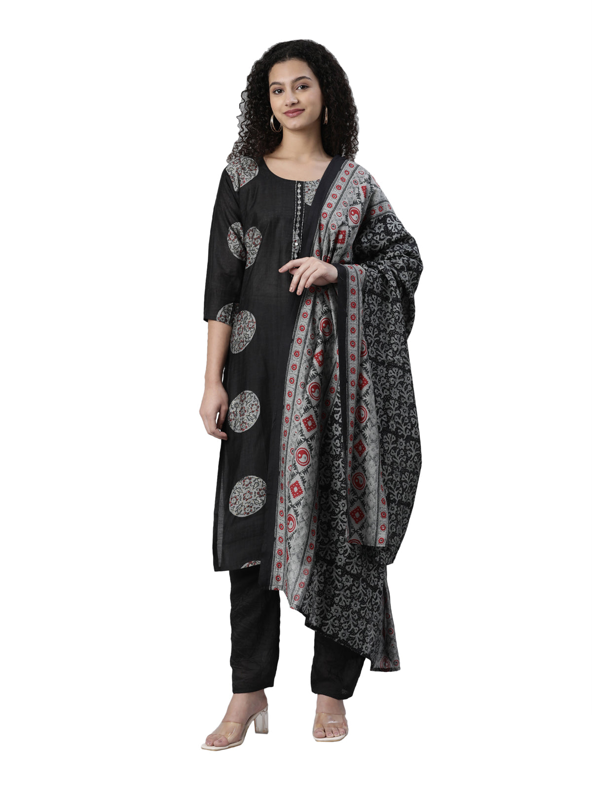 Neerus Women Ethnic Motifs Printed Mirror Work Kurta With Trousers with Dupatta