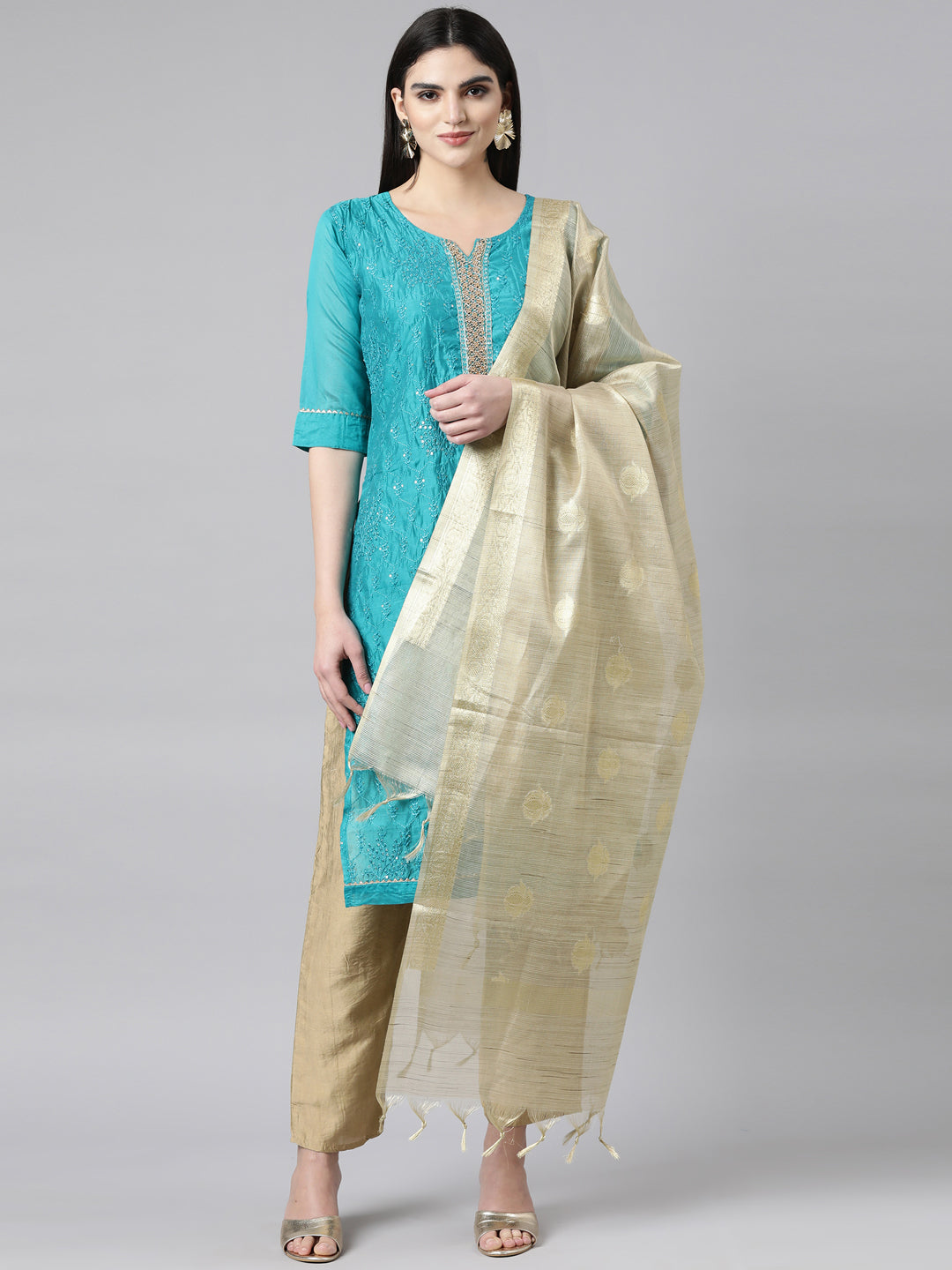 Neerus Blue Regular Straight Floral Kurta And Trousers With Dupatta