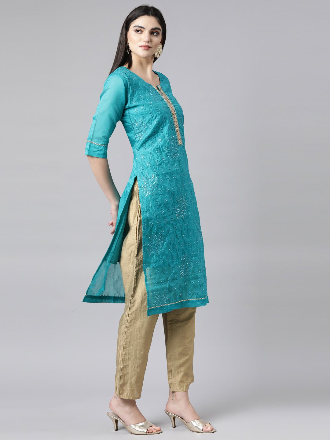 Neerus Blue Regular Straight Floral Kurta And Trousers With Dupatta