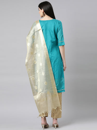 Neerus Blue Regular Straight Floral Kurta And Trousers With Dupatta