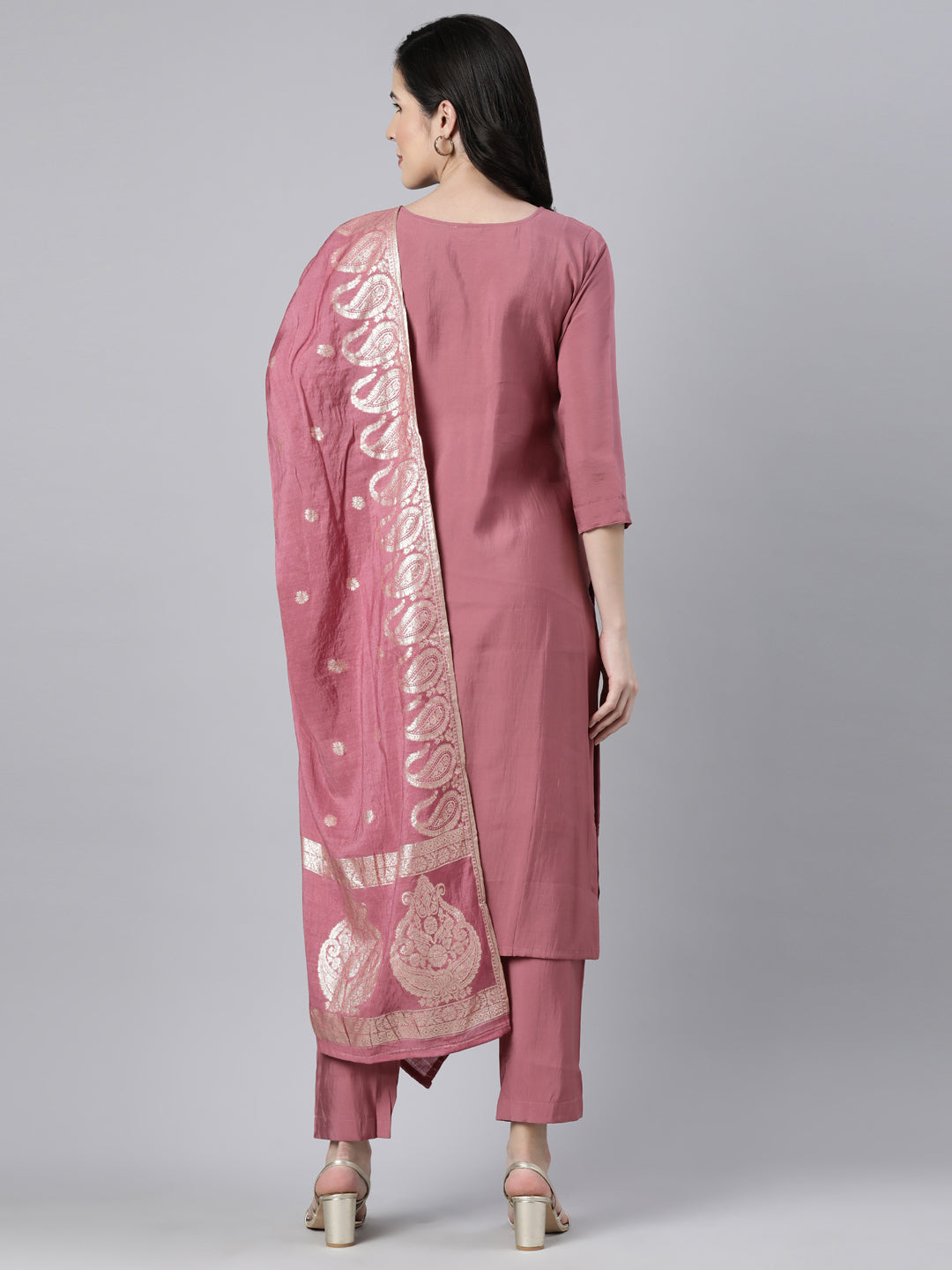 Neerus Pink Regular Straight Solid Kurta And  Trousers With Dupatta