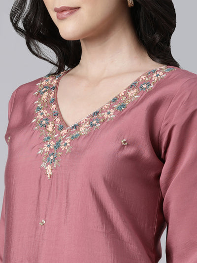 Neerus Pink Regular Straight Solid Kurta And  Trousers With Dupatta