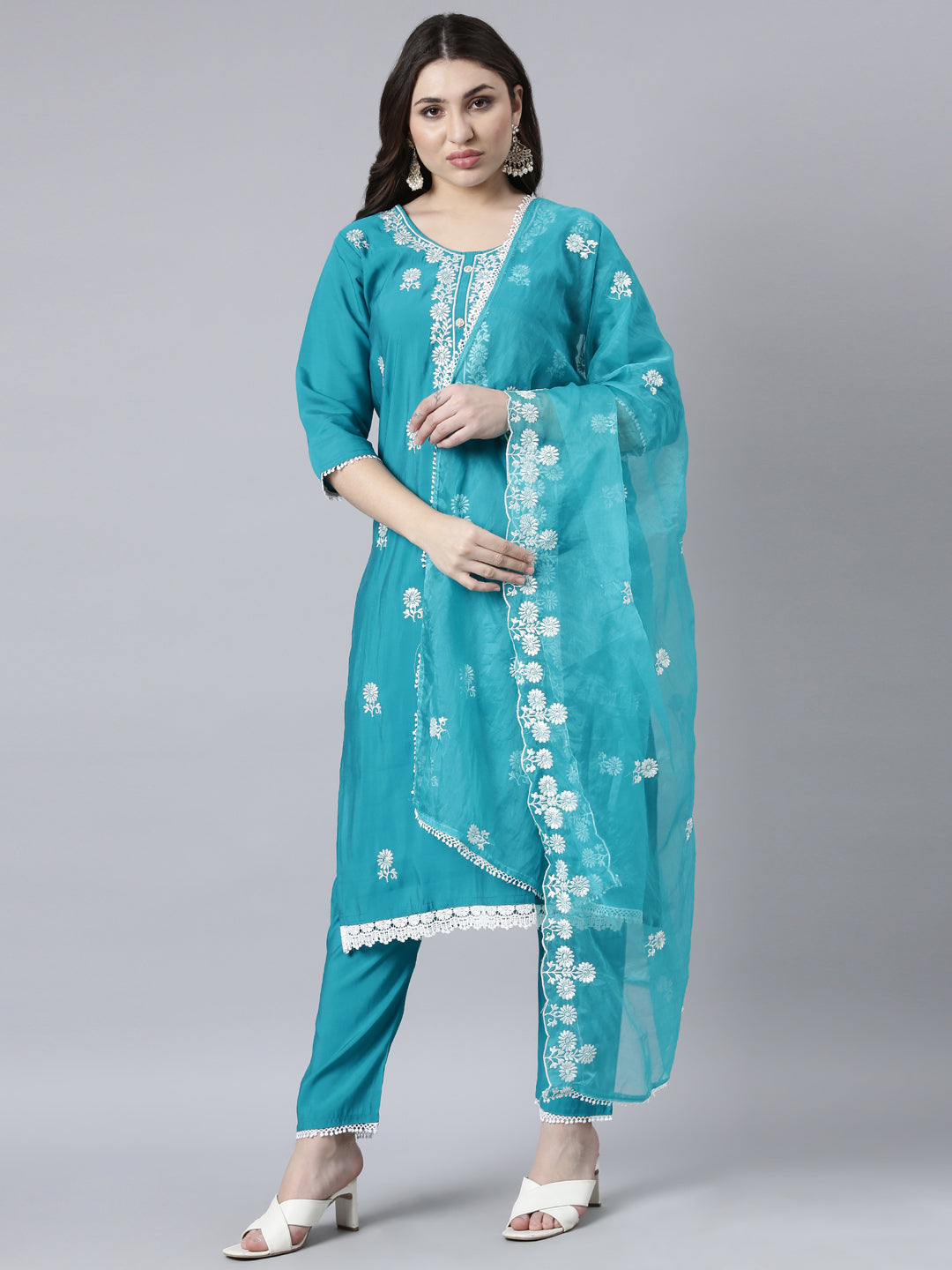 Neerus Blue Regular Straight Floral Kurta And Trousers With Dupatta