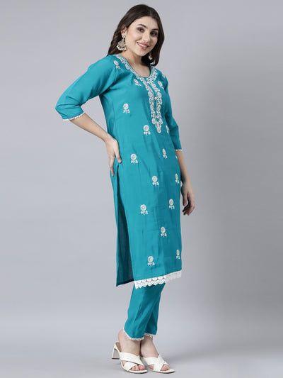 Neerus Blue Regular Straight Floral Kurta And Trousers With Dupatta