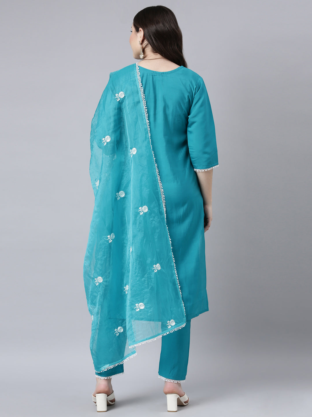 Neerus Blue Regular Straight Floral Kurta And Trousers With Dupatta