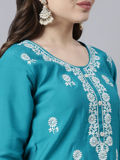 Neerus Blue Regular Straight Floral Kurta And Trousers With Dupatta