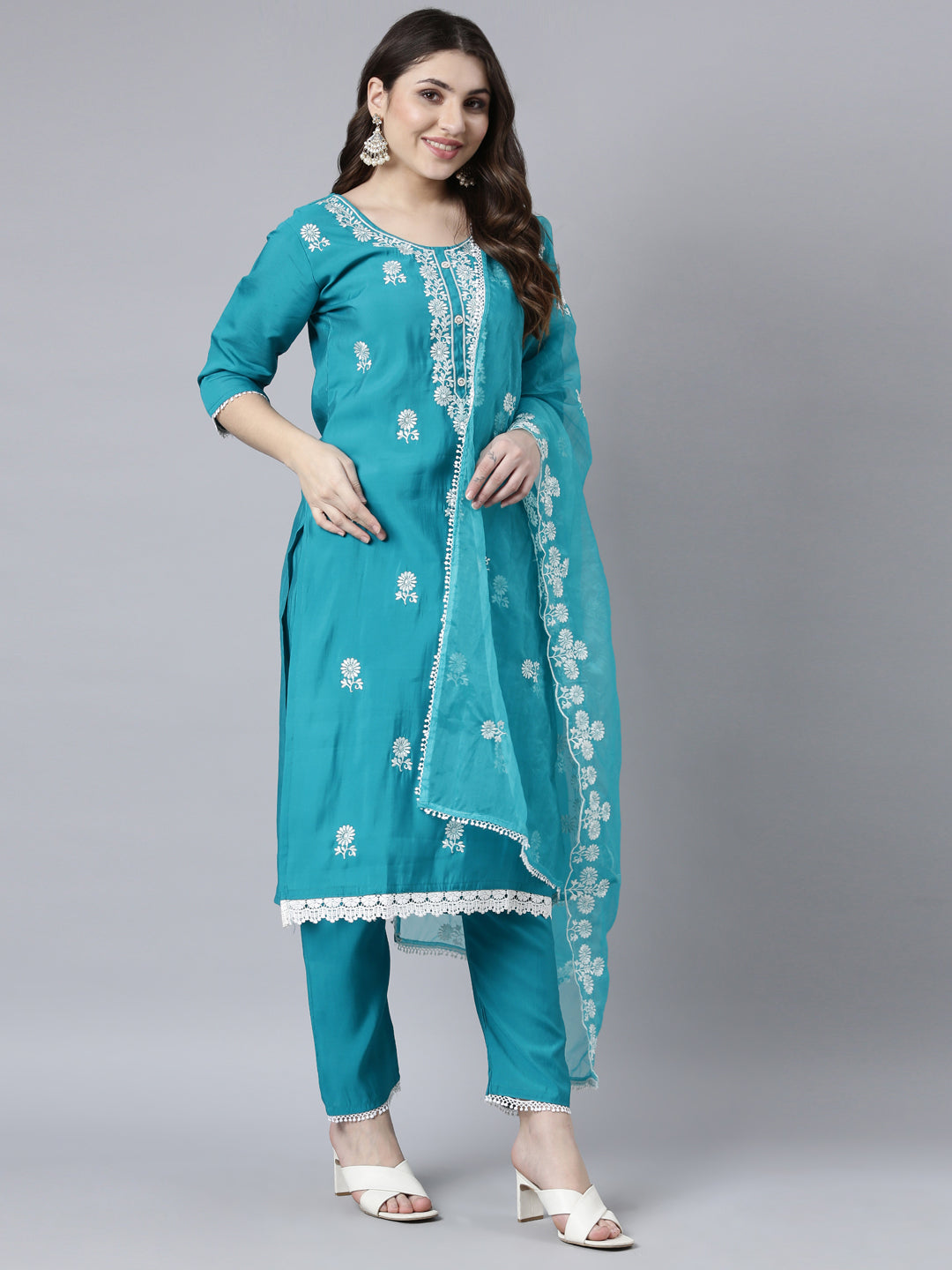 Neerus Blue Regular Straight Floral Kurta And Trousers With Dupatta