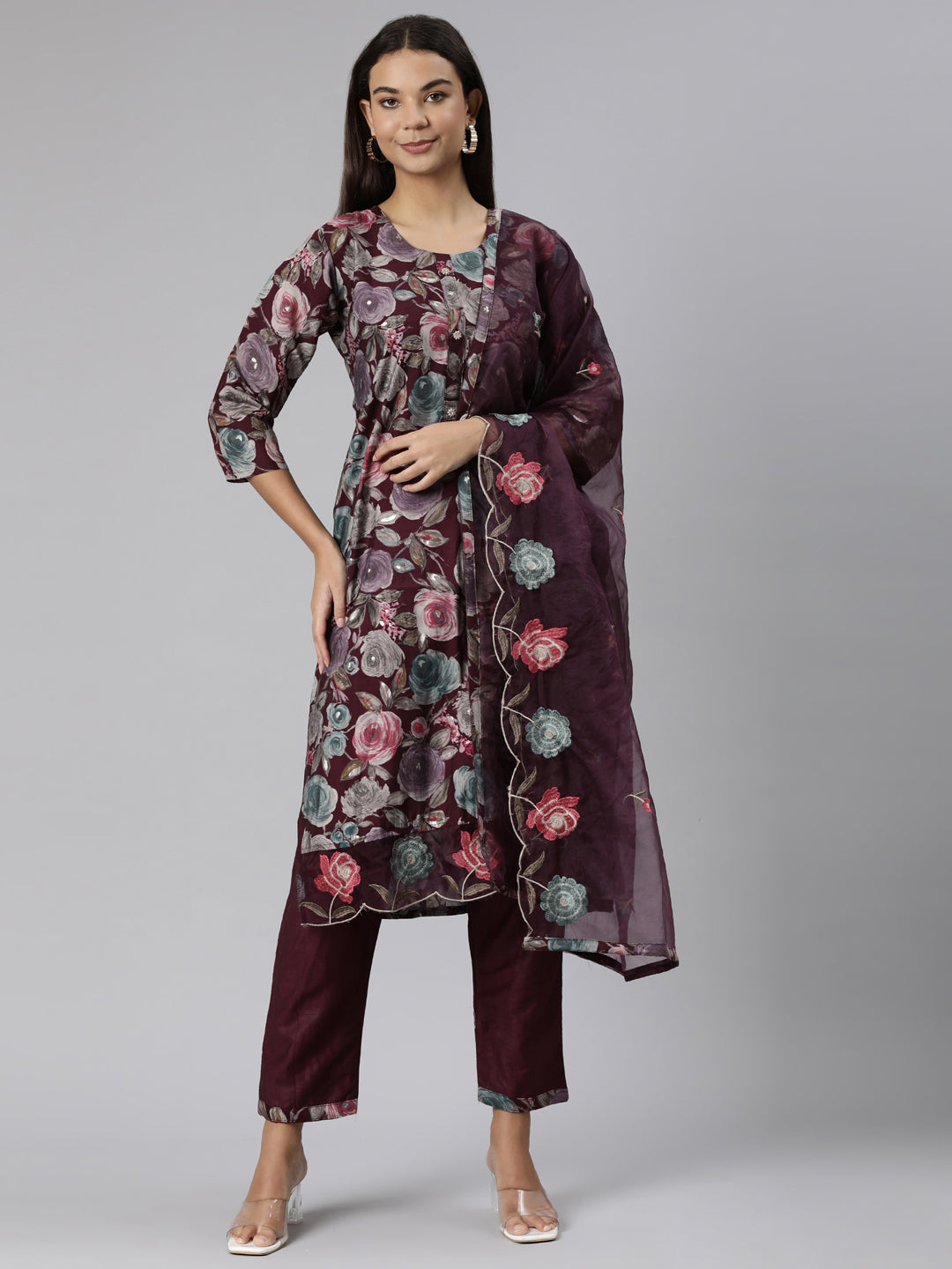 Neeru's Purple Regular Straight Floral Kurta And Trousers With Dupatta