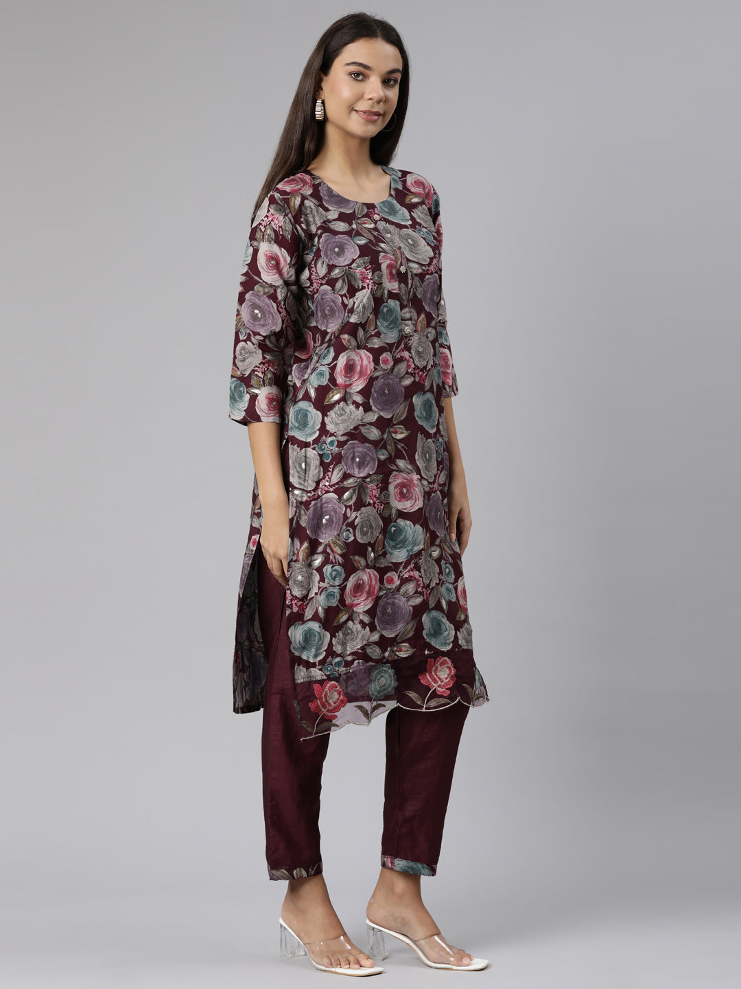 Neeru's Purple Regular Straight Floral Kurta And Trousers With Dupatta