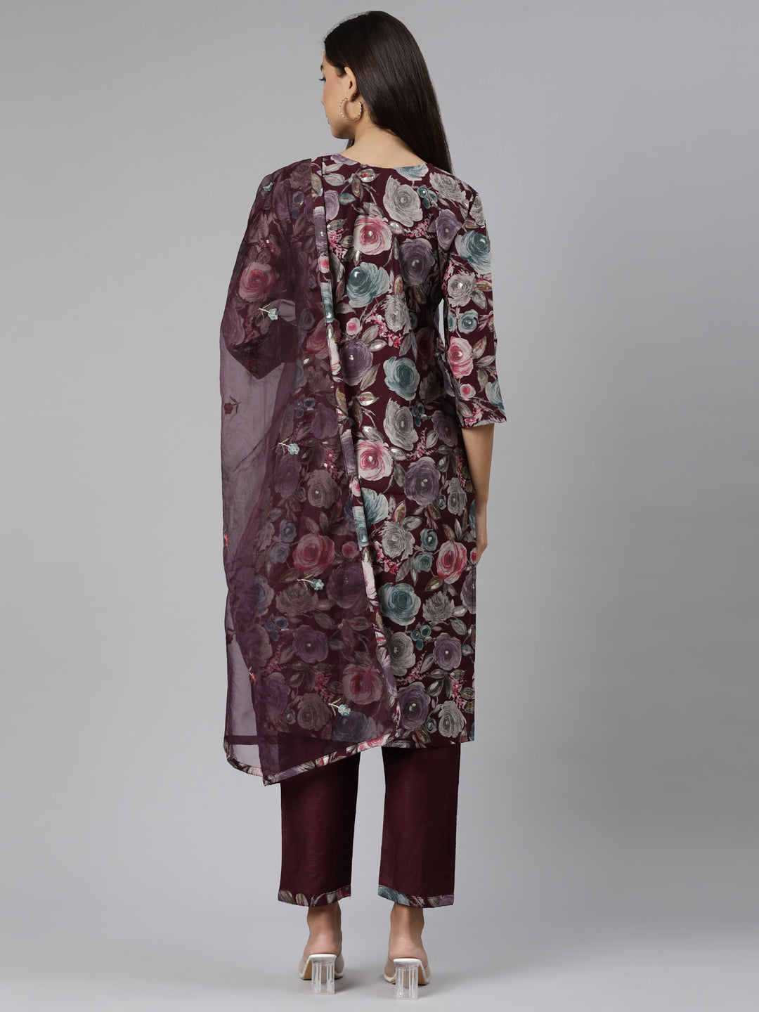 Neeru's Purple Regular Straight Floral Kurta And Trousers With Dupatta