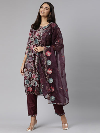 Neeru's Purple Regular Straight Floral Kurta And Trousers With Dupatta