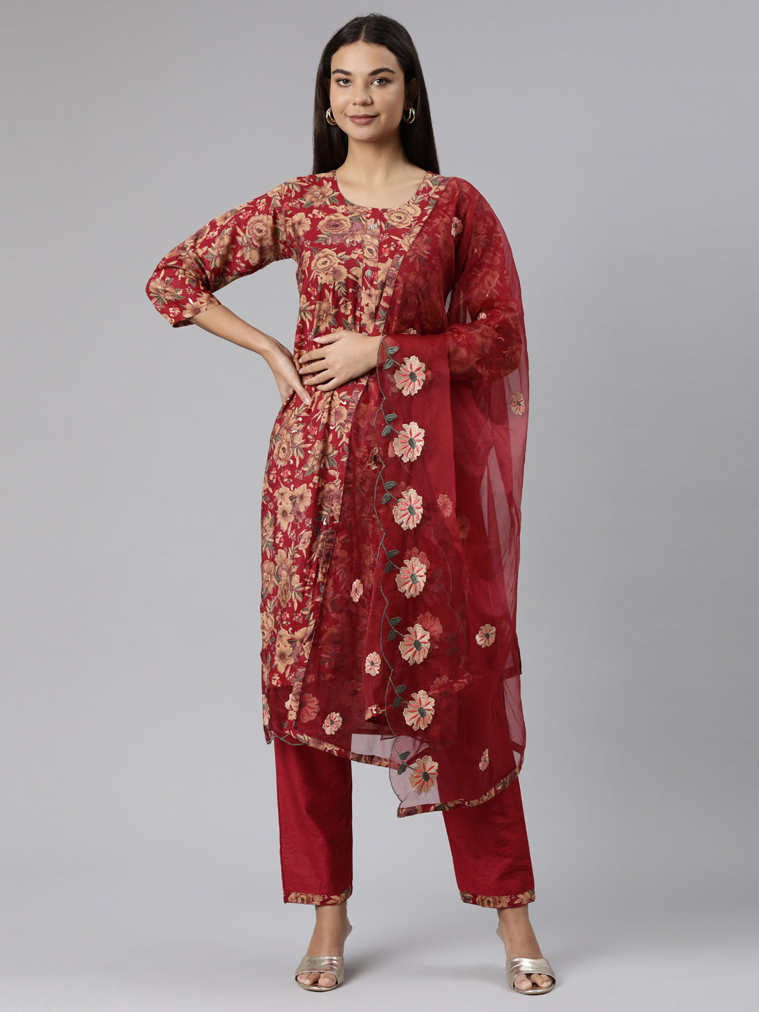 Neeru's Maroon Regular Straight Floral Readymade suits